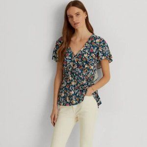 RALPH LAUREN Womens Blue Tie Flutter Sleeve Surplice Wrap Neckline Peplum Top XL